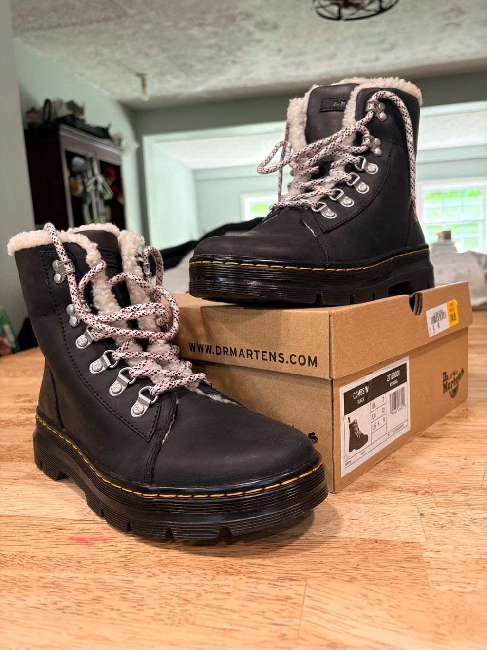 Dr. Martens Black Leather Lace-Up Shearling-Trim Boots